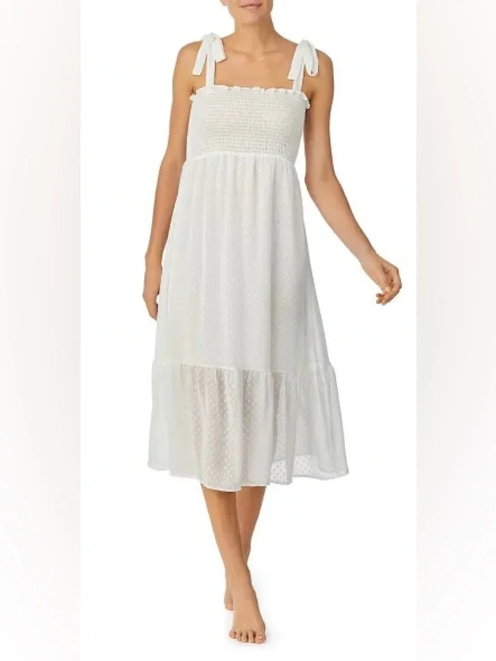 Kate Spade New York Swiss Dot Smocked Midi Dress White Tie Strap Medium
